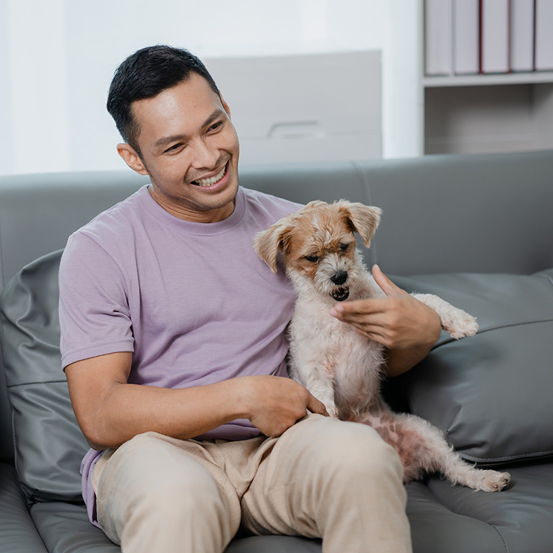 yolo-400x400-116 Man smiling while petting a dog on a couch during therapy