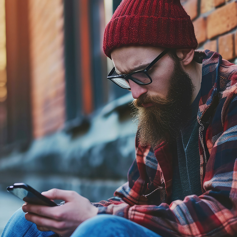 yolo-400x400-117 Man wearing a beanie and looking at his phone.